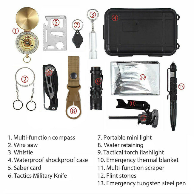 Survival Kit Tactical Camping Gear 14 in 1 Backpack Hiking Outdoor Gifts for Men and Women - Car Emergency EDC Tools - SOS Earthquake Kit Disaster Preparedness